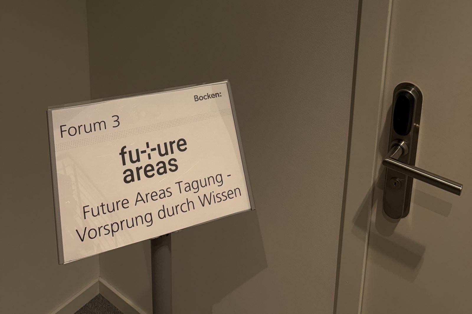 Door sign for Forum 3 at the Future Areas conference outside the workshop room